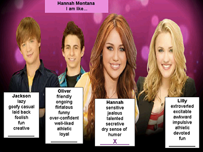 Text over image: Hanna Montana I am like... Jackson, lazy, goofy casual, laid back, foolish, fun, creative. Oliver, friendly, ongoing, flirtatious, funny, over-confident, well-liked, athletic, loyal. Hannah, sensitive, jealous, talented, secretive, dry sense of humor, X. Lilly, extroverted, excitable, awkward, impulsive, athletic, devoted, fun.