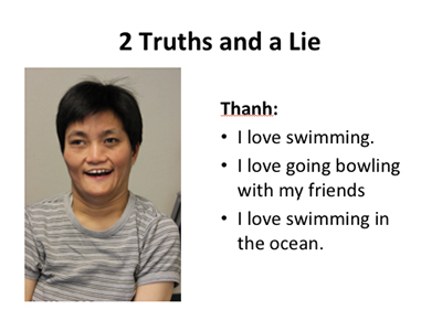 Text over Image: Thanh: I love swimming. I love going bowling with my friends. I love swimming in the ocean.
