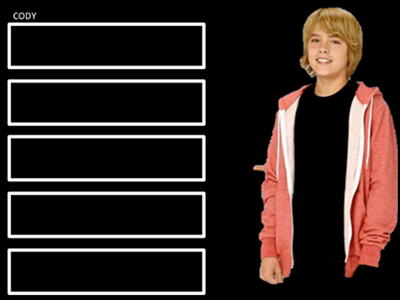 Text over image: Cody. Several blank boxes stacked on top of each other and photo of Cody on right
