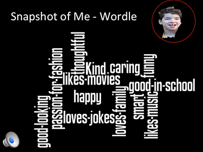 Text over image: Snapshot of Me - Wordle. good-looking, passion-for-fashion, thoughtful, likes-movies, happy, loves-jokes, loves-family, kind, caring, funny, good-in-school, smart, likes-music.