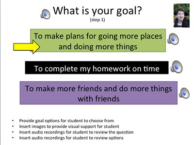 Text over image: What is your goal? (step 1). To make plans for going more places and doing more things. To complete my homework on time. To make more friends and do more things with friends. Provide goal options for student to choose from. Insert images to provide visual support for student. Insert audio recordings for student to review the question. Insert audio recordings for student to review options.